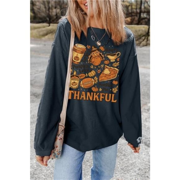 Thankful Thanksgiving Graphic Long Sleeve Sweatshirt - Picture 2 of 6